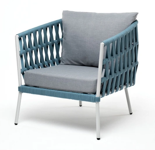 DIE-A-001 RAL7035 Mua blue(H-gray) "Диего" кресло плетеное из роупа, каркас алюминий светло-серый (RAL7035) муар, роуп бирюзовый круглый, ткань светло-серая 4SIS арт.УТ-00009496