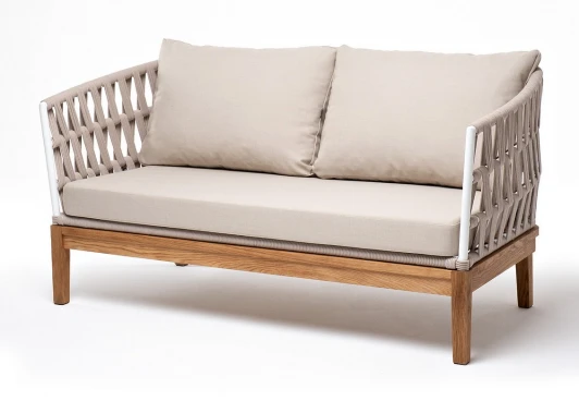 DIE-S-2-T002 RAL7035 SH beige(beige15052) OLD "Диего" диван 2-местный плетеный из роупа, основание дуб, каркас алюминий светло-серый (RAL7035) шагрень, роуп бежевый круглый, ткань бежевая 15052 4SIS DIE-S-2-T002 RAL7035 SH beige(beige15052) OLD