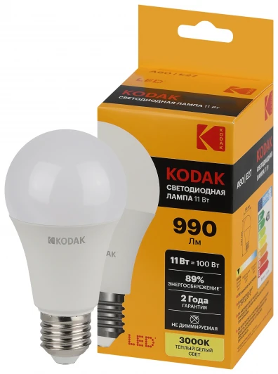 LED KODAK A60-11W-830-E27 K Светодиодная лампа Kodak LED A60-11W-830-E27 K 11Вт груша теплый белый свет Е27 (Б0057605)