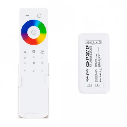 04-48 Комплект контроллер и 3-х зонный сенсорный пульт RGB-RGBW, 12/24В, 192/384Вт, 4 канала х 4А, IP20, пульт сенсорный (без батареек), радио, 11 кноп. и кольцо Apeyron 04-48