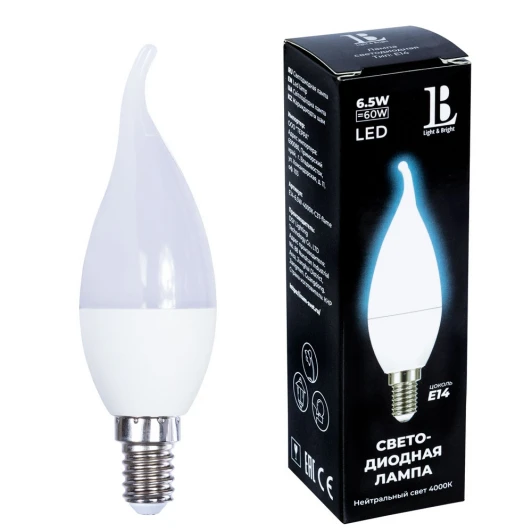 E14-6,5W-4000К-C37-flame_lb Лампочка светодиодная свеча на ветру белая E14 6,5W 220V 520 lm 4000K холодный белый свет L&B E14-6,5W-4000К-C37-flame_lb