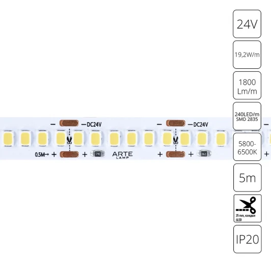 A2424010-03-6K Светодиодная лента 24V 19,2W/m 6000К 5м Arte Lamp Tape A2424010-03-6K
