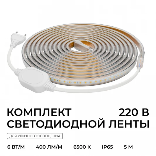 SL-67 Комплект светодиодной ленты 220В 6Вт/м 400лм/м 6500К (х/б, SMD2835 120д/м 5м IP65 OGM SL-67
