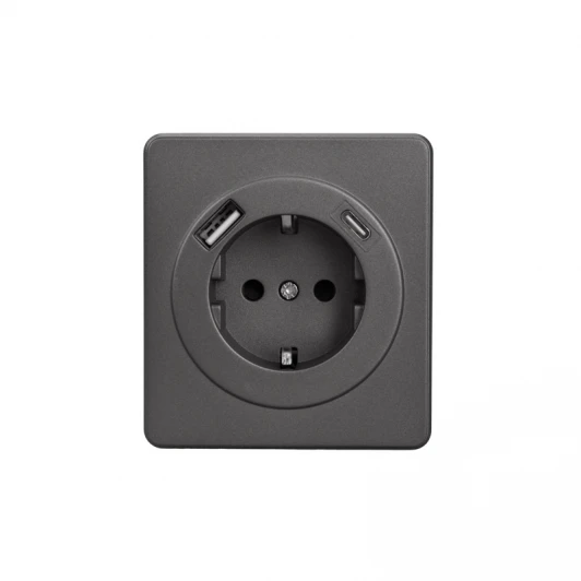 KR-78-0704-2 Розетка 1-ая с/з с/у з/ш 16А с USB A+C быстрой зарядки 5В/3А титан Kranz Round KR-78-0704-2