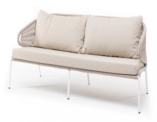 MIL-S-2-001 W Mua beige(beige15052) "Милан" диван 2-местный плетеный из роупа, каркас алюминий белый муар, роуп бежевый круглый, ткань бежевая 15052 4SIS УТ-00011383