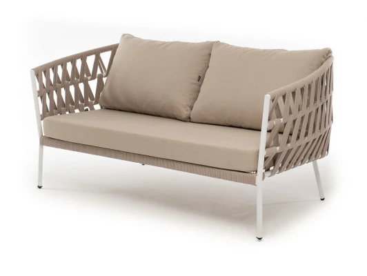 DIE-S-2-001 RAL7035 SH beige(beige15052) OLD "Диего" диван 2-местный плетеный из роупа, каркас алюминий светло-серый (RAL7035) шагрень, роуп бежевый круглый, ткань бежевая 15052 4SIS DIE-S-2-001 RAL7035 SH beige(beige15052) OLD