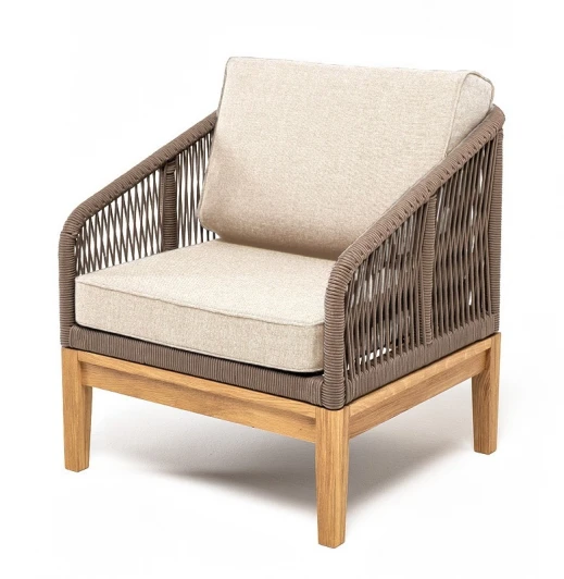 KAN-A-T002 brown(beige15052) "Канны" кресло плетеное из роупа, основание дуб, роуп коричневый круглый, ткань бежевая 15052 4SIS KAN-A-T002 brown(beige15052)