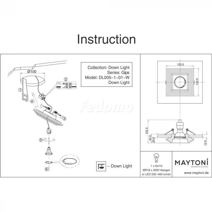 Встраиваемый точечный светильник Maytoni Gyps Modern DL005-1-01-W