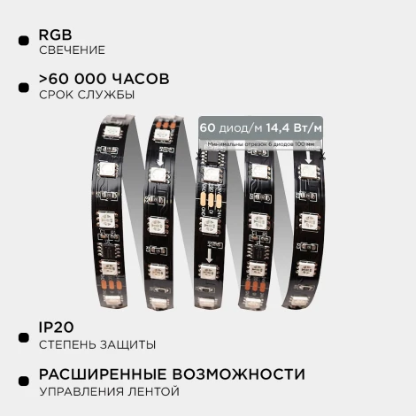 Комплект адресной светодиодной ленты 24В 14,4Вт/м SMD5050 60д/м IP20 ширина подложки 10мм(черная) 10м, RGB с аксессуарами Apeyron 10-101
