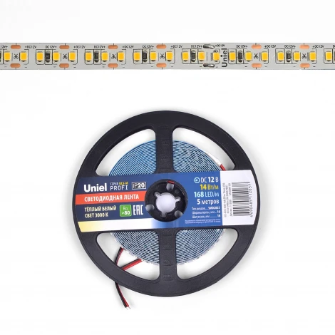 Светодиодная лента Uniel ULS-M14-2835-168LED/m-10mm-IP20-DC12V-14W/m-5M-3000K PROFI катушка в герметичной упаковке