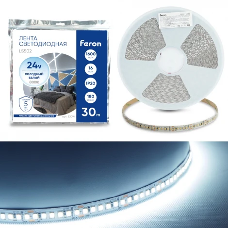 Светодиодная LED лента 180SMD(2835)/м 16Вт/м 24V 6000К 30м IP20 Feron LS502 53091