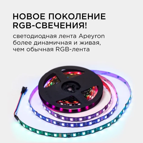 Комплект адресной светодиодной ленты 24В 14,4Вт/м SMD5050 60д/м IP20 ширина подложки 10мм(черная) 5м, RGB с аксессуарами Apeyron 10-94