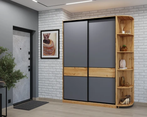 Шкаф-купе СЛИМ,150*60, Дуб вотан, Темно-серый МАМА 102375