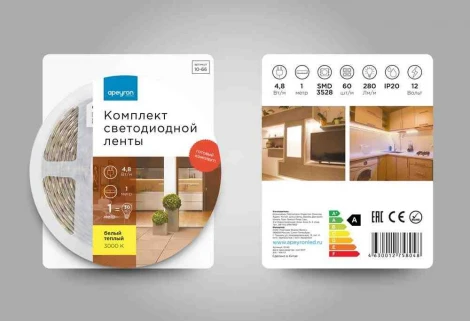 Комплект светодиодной ленты 12В с аксессуарами (блок, коннектор), 4.8Вт/м, smd 3528, 60 д/м, 280 лм/м, IP20, 3000К, 1 м, теплый белый Apeyron 10-66