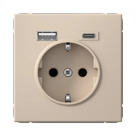 Розетка с заземлением, шторками и USB Type A+С (песочный) Systeme Electric GAL001232