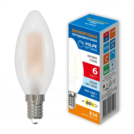 Лампа светодиодная диммируемая, матовая, белый свет 4000K Volpe Optima Филамент Dim LED-C35-6W/4000K/E14/FR/DIM/SLF