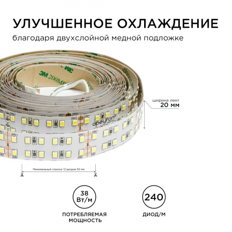 Светодиодная лента 24В ПРО 38Вт/м SMD2835 240д/м IP20 3800Лм/м ширина подложки 20мм, 5м 3000К Apeyron 00-304