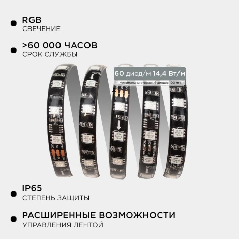 Комплект адресной светодиодной ленты 24В 14,4Вт/м SMD5050 60д/м IP65 ширина подложки 10мм(черная) 2м, RGB с аксессуарами Apeyron 10-97