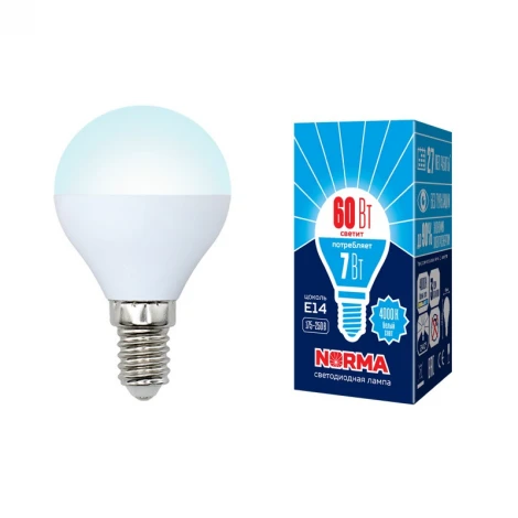 Лампочка светодиодная шар белая E14 7W 4000K Volpe LED-G45-7W/NW/E14/FR/NR