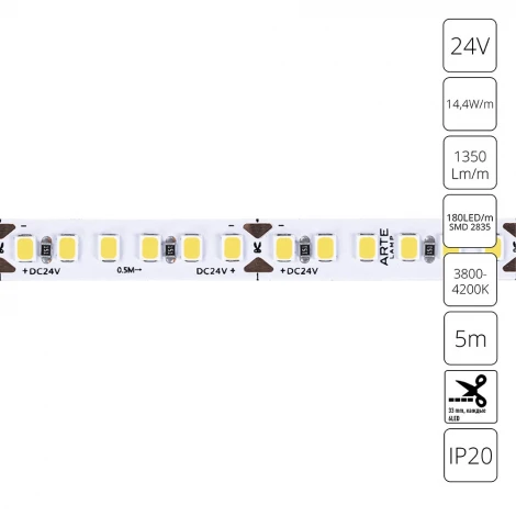 Светодиодная лента 24V 14,4W/m 4000К 5м Arte Lamp Tape A2418008-02-4K