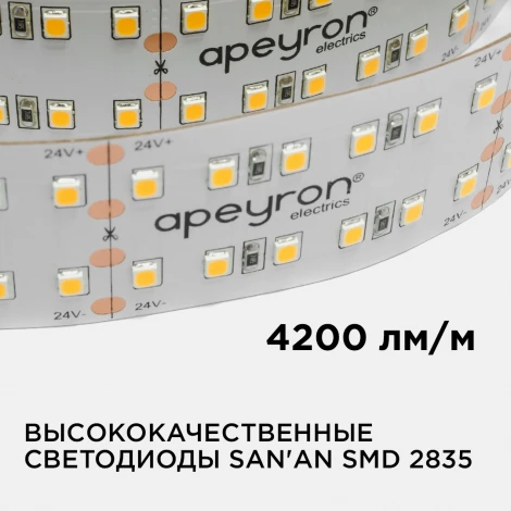Светодиодная лента 24В ПРО 42Вт/м SMD2835 240д/м IP20 4200Лм/м ширина подложки 30мм, 5м 4000К Apeyron 00-316