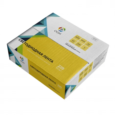 Светодиодная лента 220В 5Вт/м SMD2835 60д/м IP65 300лм/м 50м 3000К OGM O17-01
