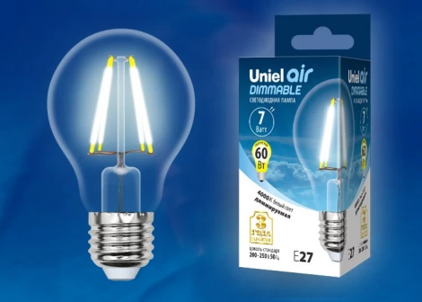 Лампочка светодиодная шар прозрачная E27 7W 4000K Uniel LED-A60-7W/NW/E27/CL/DIM GLA01TR