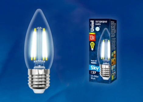 Лампочка светодиодная свеча прозрачная E27 13W 4000K Uniel LED-C35-13W/4000K/E27/CL PLS02WH