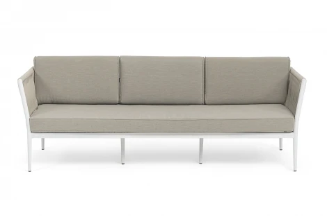 "Касабланка" диван 3-местный плетеный из роупа, каркас алюминий белый муар, роуп бежевый 20мм, ткань бежевая 15052 4SIS KAS-S-3-001 W Mua beige(beige15052)