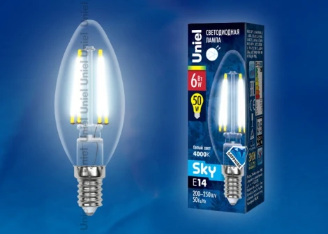 Лампочка светодиодная свеча прозрачная E14 6W 4000K Uniel LED-C35-6W/NW/E14/CL PLS02WH