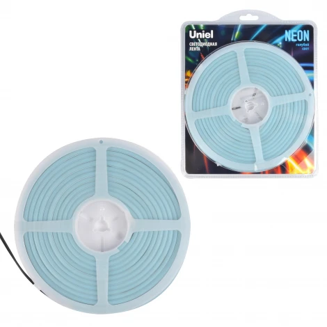 Гибкая светодиодная лента катушка 5м голубой свет Uniel Neon ULS-N01-2835-120LED/m-6mm-IP67-DC12V-9W/m-5M-LIGHTBLUE блистер
