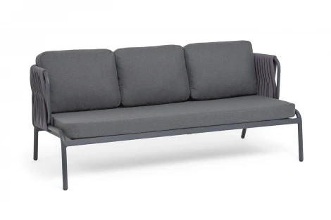 "Ронда" диван 3-местный плетеный из роупа, каркас алюминий темно-серый (RAL7024) муар, роуп серый 40 мм tex, ткань темно-серая 027 4SIS RON-S-3-001 RAL7024 MuaT-grey(D-gray027)