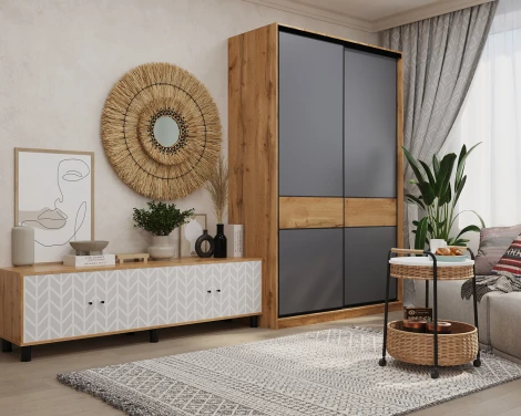 Шкаф-купе СЛИМ,150*60, Дуб вотан, Темно-серый МАМА 102375
