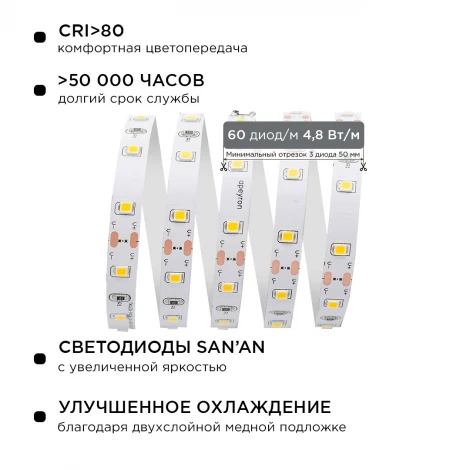 Комплект светодиодной ленты 12В с аксессуарами (блок, коннектор) 4,8Вт/м SMD3528 60 д/м 280 Лм/м IP20 2,5м Apeyron 10-08