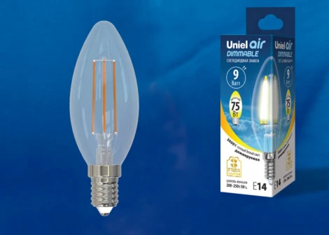 Лампочка светодиодная свеча прозрачная E14 9W 3000K Uniel LED-C35-9W/3000K/E14/CL/DIM GLA01TR