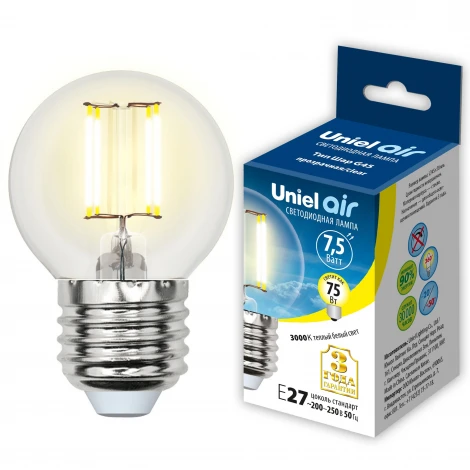 Лампочка светодиодная шар прозрачная E27 7,5W 3000K Uniel LED-G45-7,5W/WW/E27/CL GLA01TR