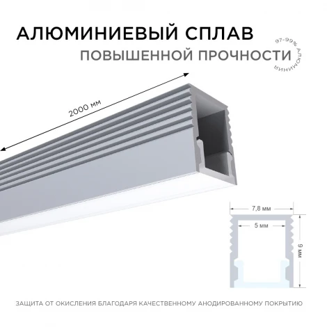 Профиль алюминиевый для светодиодной ленты П-образный, накладной, серебро, 2 метра, шир. ленты до 5мм, (рассеиватель белый матовый, заглушки - 2шт., крепеж - 4шт.) Apeyron 08-38
