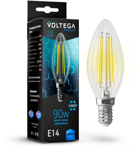 Лампочка светодиодная свеча прозрачная E14 6,5W 220V 860 lm 4000K Voltega Candle 9W Graphene 7135
