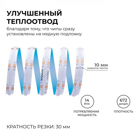 Светодиодная лента 24В 14Вт/м COB RGB 672д/м IP20, ширина подложки 10мм, 5м Apeyron 00-493