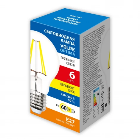 Лампочка светодиодная филаментная Volpe LED-A60-SLF LED-A60-6W/3000K/E27/CL/SLF