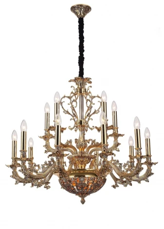 Подвесная большая люстра Lucia Tucci Firenze 1780.15.3 antique gold (220V, на цепи, подсвечник, свеча, листья, ветки)
