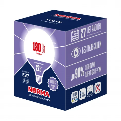 Лампа светодиодная, форма "шар", матовая, дневной белый свет 6500K Volpe Norma LED-G120-22W/6500K/E27/FR/NR