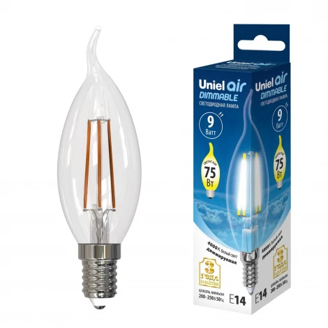 Лампочка светодиодная свеча на ветру прозрачная E14 9W 4000K Uniel LED-CW35-9W/4000K/E14/CL/DIM GLA01TR