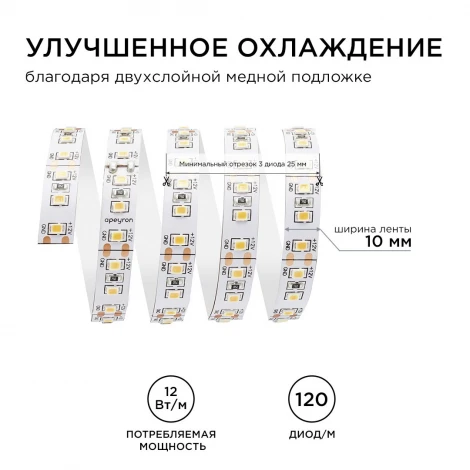 Светодиодная лента 12В СТ 12Вт/м SMD2835 120д/м IP20 1300Лм/м ширина подложки 10мм, 5м 4000К Apeyron 00-131
