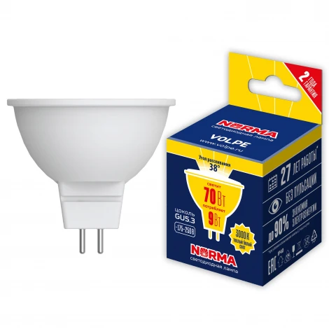 Лампа светодиодная, форма "JCDR", матовая, теплый белый свет 3000K Volpe Norma LED-JCDR-9W/3000K/GU5.3/38D/NR