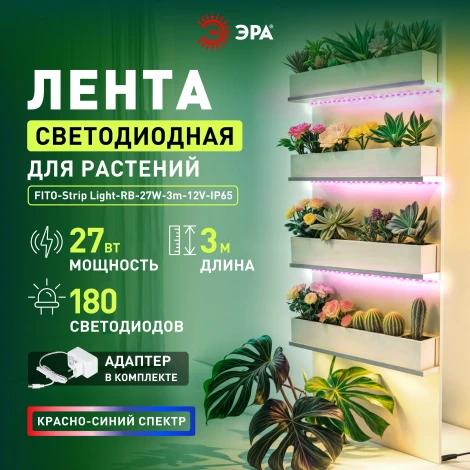 Светодиодная лента для растений 12V 3м ЭРА FITO-Strip Light-RB-27W-3m-12V-IP65