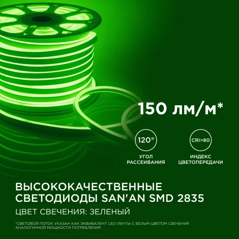 Светодиодный неон мини 220В 5,5Вт/м SMD2835 120д/м IP65, 8*16мм, 50м зеленый Apeyron 17-37