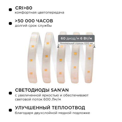 Светодиодная лента 220В 6Вт/м SMD2835 60д/м IP65 600Лм/м белый шнур ПВХ с прозрачным рассеивателем 11х7мм, 15м 6500К Apeyron 10-54