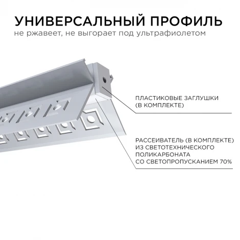 Профиль алюминиевый для светодиодной ленты внутренний угол, под штукатурку, серебро, 2,5 метра, шир. ленты до 9мм (рассеиватель белый матовый, заглушки - 2шт.) Apeyron 08-46