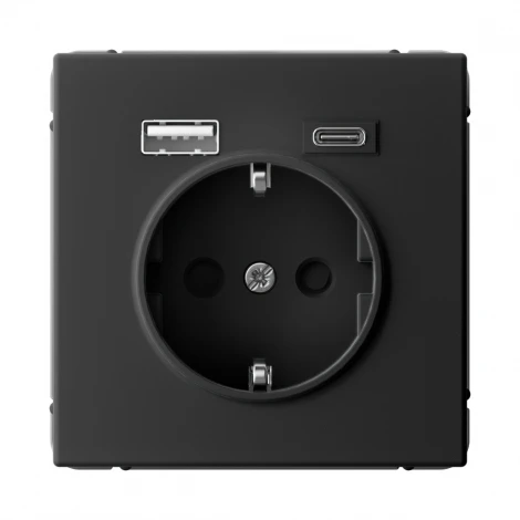 Розетка с заземлением, шторками и USB Type A+С (карбон) Systeme Electric GAL001032